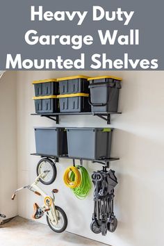 the garage wall mounted shelving is organized with storage bins