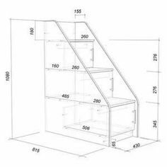 a drawing of a stair case with measurements for the top and bottom shelves on each side