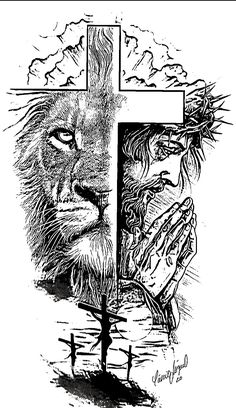 a drawing of a lion and a cross