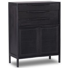 a black cabinet with two drawers and one door