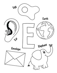 the letter e is for elephant and an egg, eggs, earth, and envelope