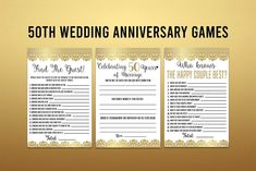 the 50th wedding anniversary games are on display in front of a gold background with black and white lettering