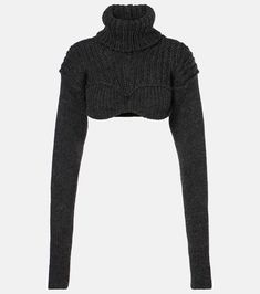 Cropped wool-blend turtleneck sweater in grey - Acne Studios | Mytheresa Black Merino Wool Turtleneck For Fall, Luxury Black Wool Top, Gray Fine Knit Turtleneck Sweater, Black Merino Wool Turtleneck Top, Fitted Merino Wool Turtleneck For Fall, Fitted Fine Knit Turtleneck Sweater, Fitted Black Sweater With Funnel Neck, Luxury Fine Knit Winter Tops, High Neck Fine Knit Merino Wool Sweater