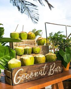 coconuts are stacked on top of each other in a wooden box with the word coconut bar painted on it