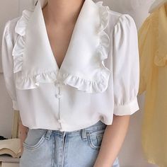 white frill collar blouse boogzel clothing Peter Pan Blouse, Grunge Summer Outfits, Pan Collar Blouse, White Chiffon Blouse, Frill Collar, White Short Sleeve Blouse, Peter Pan Collar Blouse, Women Shirt Top, Blouse Models