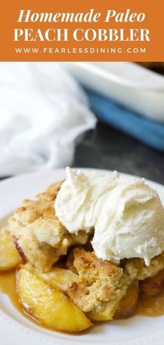 homemade pale peach cobbler with ice cream on top