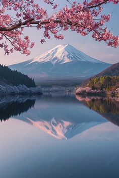 the mountain is covered in pink flowers and it's reflection on the water below