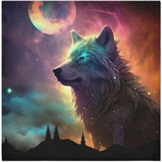 a wolf with blue eyes standing in front of a full moon and stars filled sky