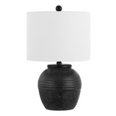 a black table lamp with a white shade on the top and bottom part of it