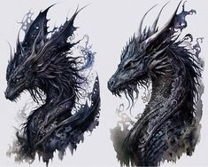 two black and white images of a dragon with long, sharp horns on it's head