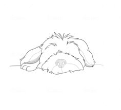 a black and white drawing of a dog laying on the ground with its head down