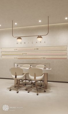 an empty room with chairs and tables in front of a piano keyboard on the wall