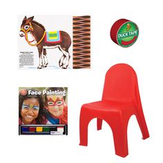 a red plastic chair with face paint and stickers next to it's contents