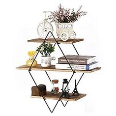 three tiered shelving unit with books, plants and other items on top of it