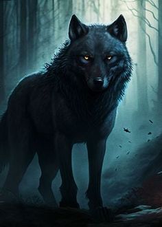 a black wolf standing in the middle of a forest with bats flying around it's head