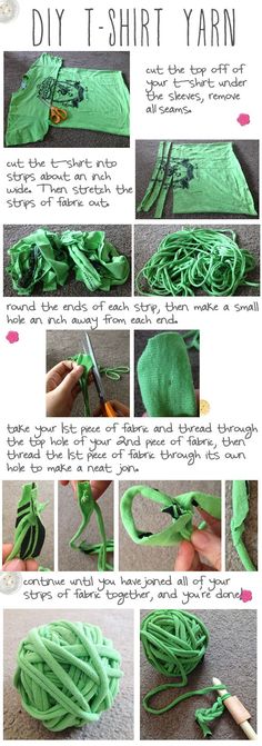 instructions to make a t - shirt yarn ball with green yarn and scissors on the floor