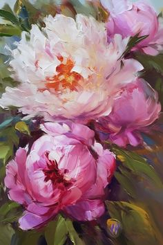 an oil painting of pink and white flowers