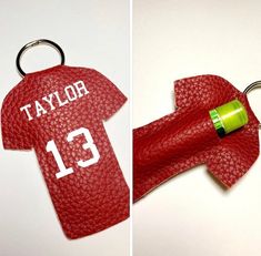 two pictures of a red leather keychain with a t - shirt on it