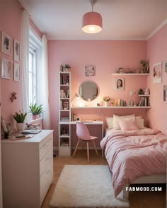 a small bedroom with pink walls and white carpeted flooring, a bed in front of a window