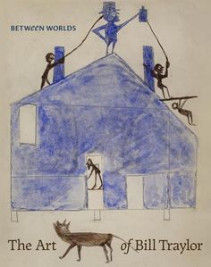 a drawing of people on top of a building with cats in the foreground and a dog running towards them