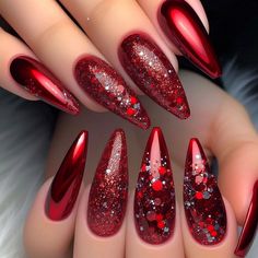 Why won't you follow this lovely exciting profile ! 💕💕💗💫💫 Christmas Nails Red Glitter Ombre, Christmas Red Ombre Nails, Classy Red Nail Designs, Red Glitter Nail Polish, Red Sparkly Nails, Gold Gel Nails