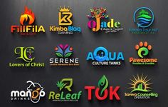 the logos for several different businesses are displayed on a wall in front of a dark background