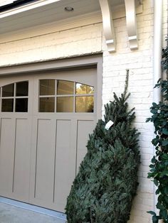 there is a christmas tree in front of the garage door