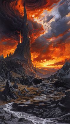 a painting of a castle in the middle of a mountain range with an orange and red sky