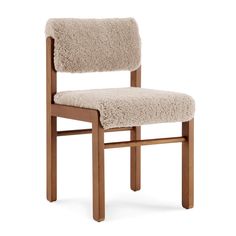 a wooden chair with sheepskin upholstered seat