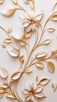 an intricately designed wallpaper with gold leaves and flowers on white background, close up