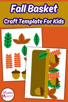 the fall basket craft template for kids is shown with leaves and acorns on it