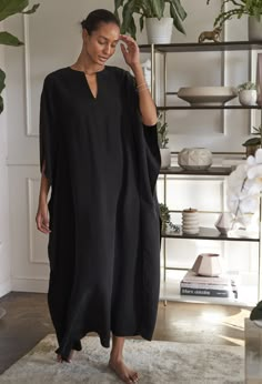 Caftan - Black Cupro Belted Long Caftan Luxury Chic Tunic Kaftan, Luxury Tunic Kaftan For Beach, Luxury Unstitched Summer Kaftan, Luxury Casual Tunic Dress, Luxury Maxi Length Kaftan For Summer, Luxury Summer Kaftan For Beach Season, Luxury Bohemian Kaftan With Relaxed Fit, Luxury Long Summer Kaftan, Luxury Long Dress Kaftan In Chic Style