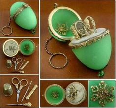 there are many different pictures of green items on the table with gold trimmings