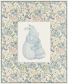 a drawing of two rabbits sitting on top of each other in front of a floral background