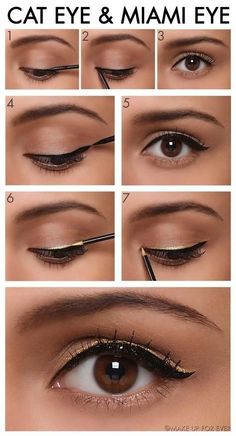 Makeup : DIY brown eyes Makeup tips and ideas by eyecandies Cat Eye Makeup Tutorial, Make Up Diy, Gold Eyeliner, Eyeliner Designs, Mekap Mata, Perfect Cat Eye, Cat Eyeliner, Cat Eye Makeup