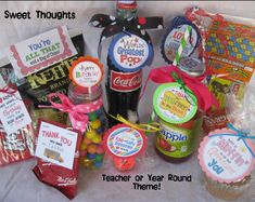 teacher appreciation gift basket with candy, candies and personalized tags for teachers day