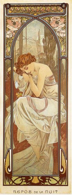 an art nouveau painting of a woman in white dress