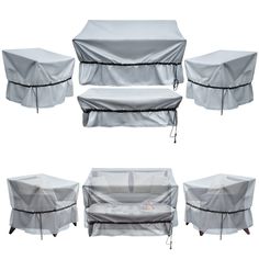 four different types of furniture covered in plastic