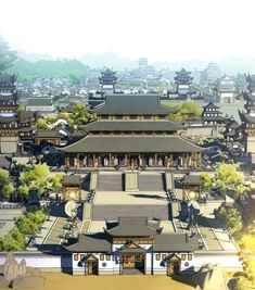 an aerial view of a city with many buildings and trees in front of the building