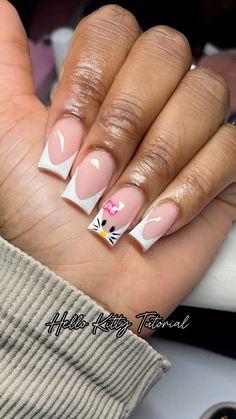 French Tip Nails With Hello Kitty, Medium French Tip Acrylic Nails Design, Hello Kitty French Tip Nails, Short Hello Kitty French Tips, Medium French Tip Acrylic Nails, French Hello Kitty Nails, French Tip With Hello Kitty Charm, Hello Kitty Tips Nails, Nail Shapes Square