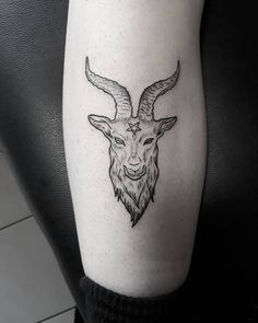 a black and white photo of a goat's head with horns on the leg