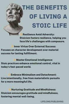 the benefits of living a stoic life info sheet with text on it and an image of a bust