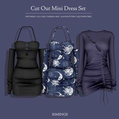 three different dresses are shown on a blue background with the words, our out mini dress set