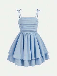 Teen Girl's Woven Solid Color Bubble Ruched Double Layer Skirt Hem Casual Suspenders Dress Baby Blue Casual  Sleeveless Woven Fabric Plain Cami Non-Stretch  Teen Girls Clothing, size features are:Bust: ,Length: ,Sleeve Length: Picture Day Dresses School, Light Blue Tube Dress, Cute Teen Formal Dresses, Blue School Dance Dresses, Teen Winter Dresses, Alice Blue Dress, Grade Six Graduation Dress, Northern Lights Theme Dress, Cute Party Dresses Flowy Short