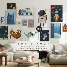 a living room filled with lots of pictures on the wall above a white couch and coffee table