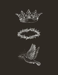 two crowns and a bird on a black background