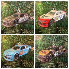 four different cars are hanging from a christmas tree ornament, each with the number 13 on it