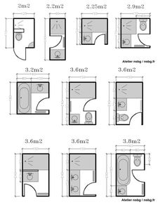 bathroom floor plans with measurements for the toilet, sink and bathtub in each room