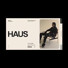 a person sitting on a chair with the word haus in black and white above it