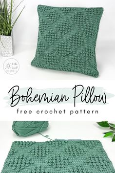 a green crocheted pillow sitting on top of a table next to a potted plant